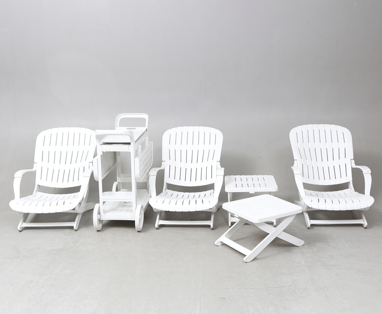 DECK CHAIRS, 3 pcs, PAIR TABLE/STOOLS AND SERVING TROLLEY, Allibert, France.