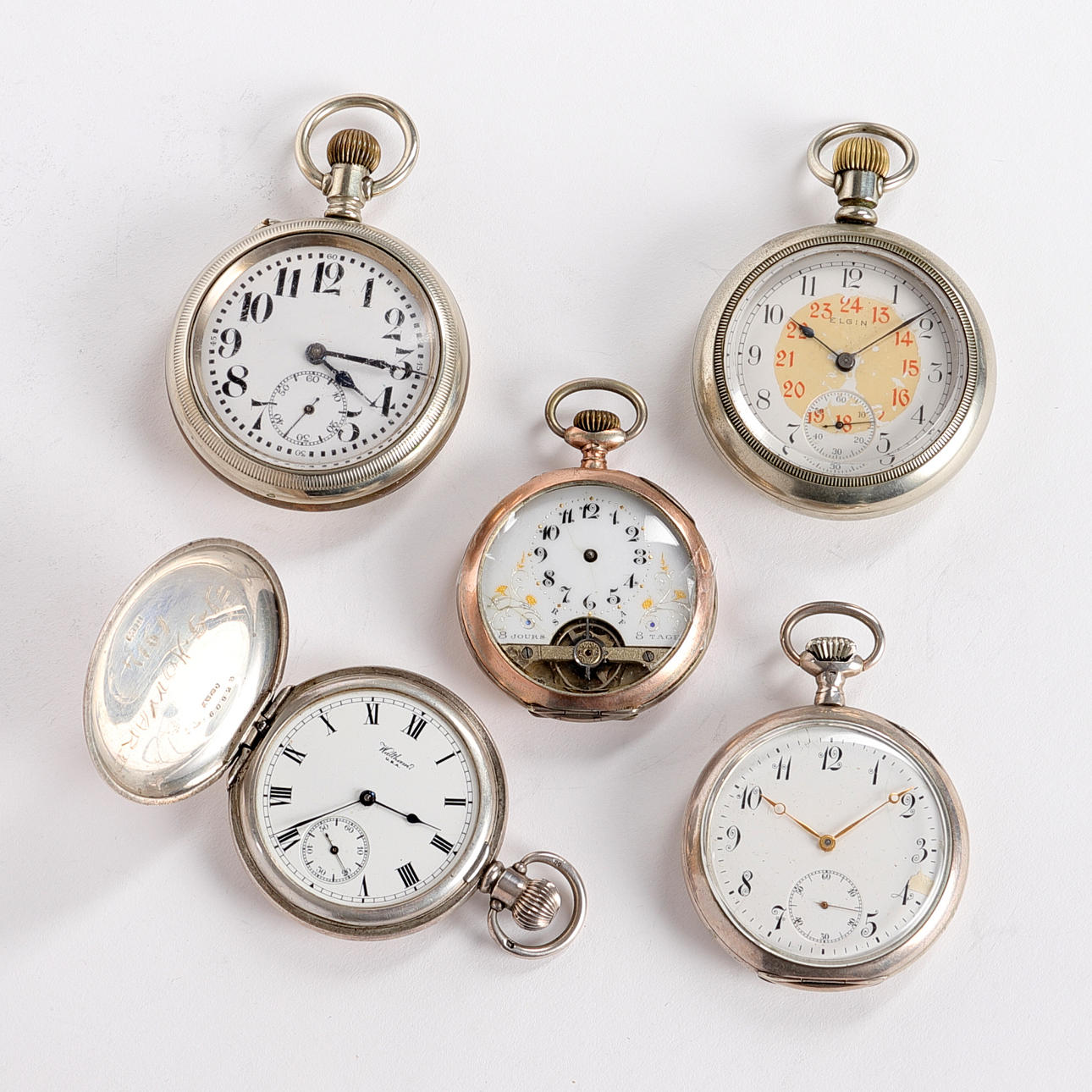 POCKET WATCH, 5 pcs, one with silver case.