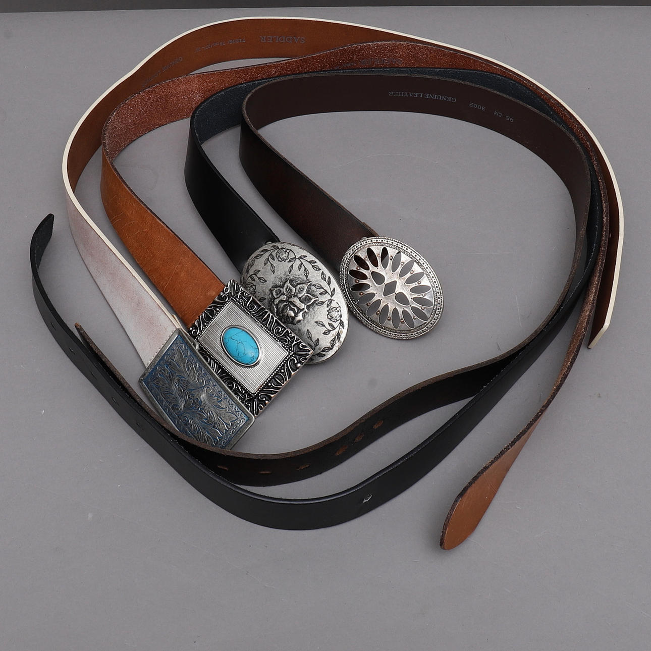 BELTS, 4 pcs, leather, i.a. Saddles.