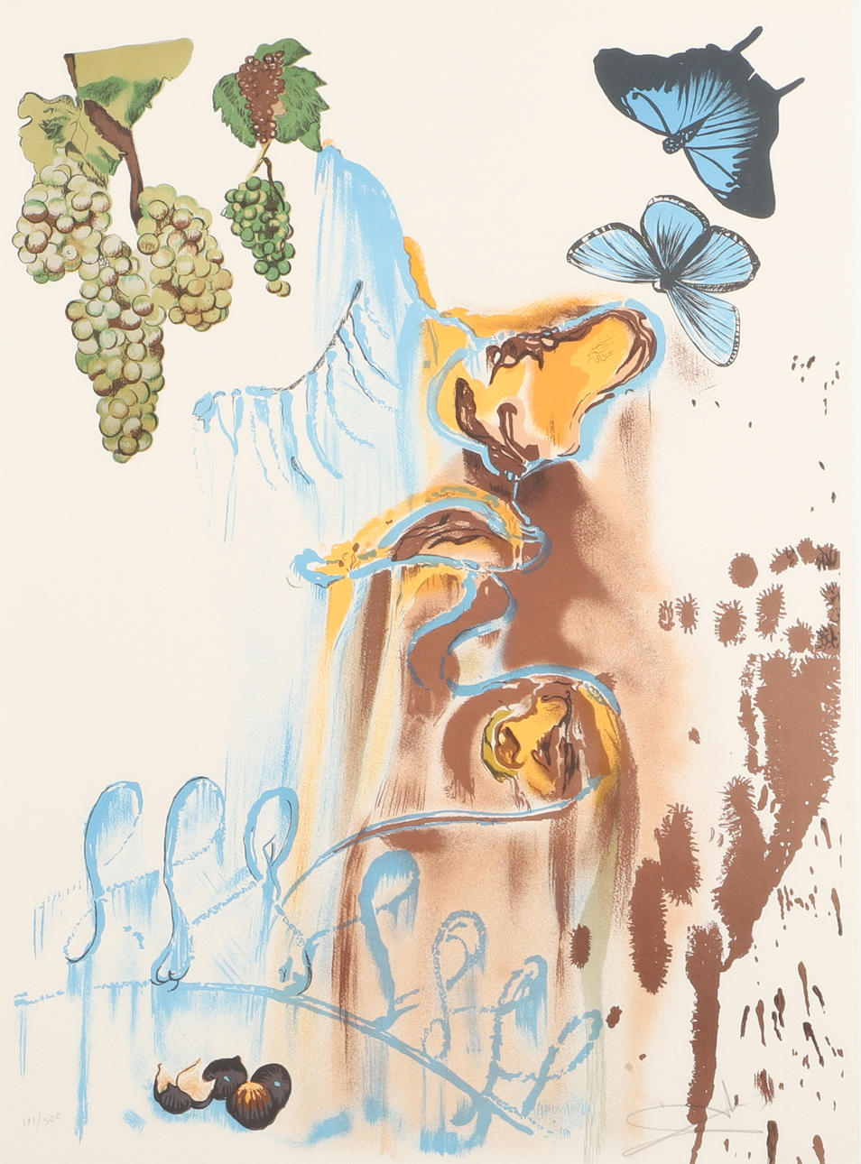 SALVADOR DALÍ. Composition with grapes, color lithograph, signed.