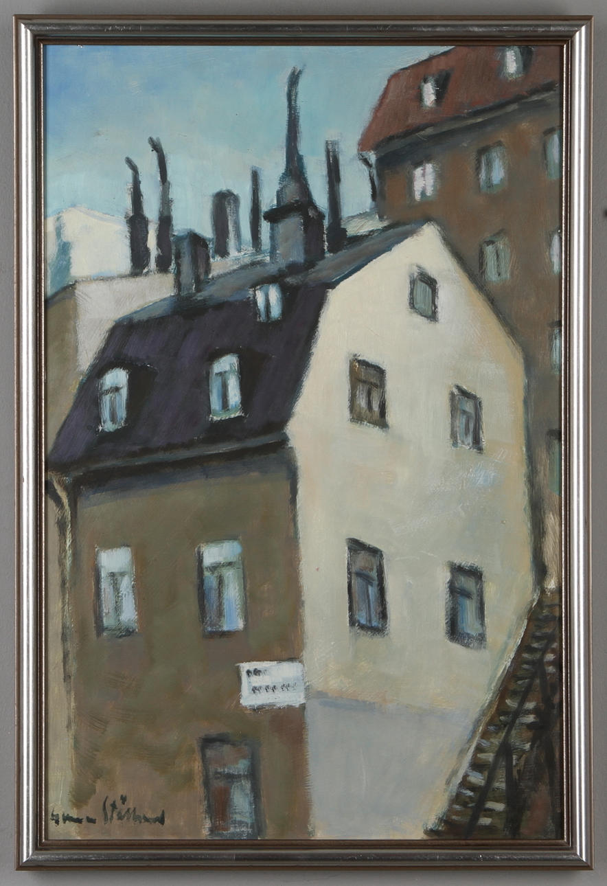 GUNNAR STÅLBRAND. 2 st. Stadsbilder, olja på pannåer, signerade.