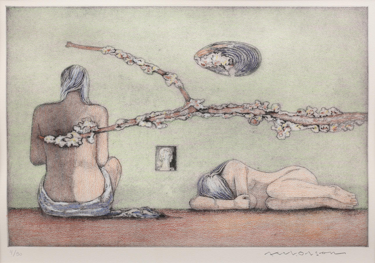 AXEL OLSON. Figure composition, color etching no. 4/90, signed.