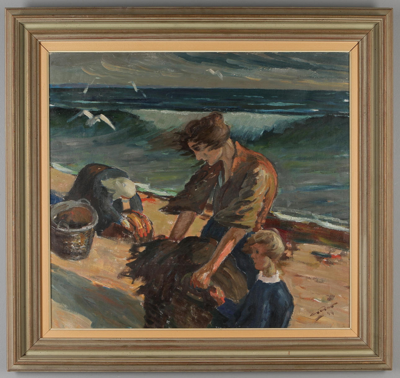 GÖTE REX. Kvinna med barn på strand, olja på duk, signerad och daterad -49.