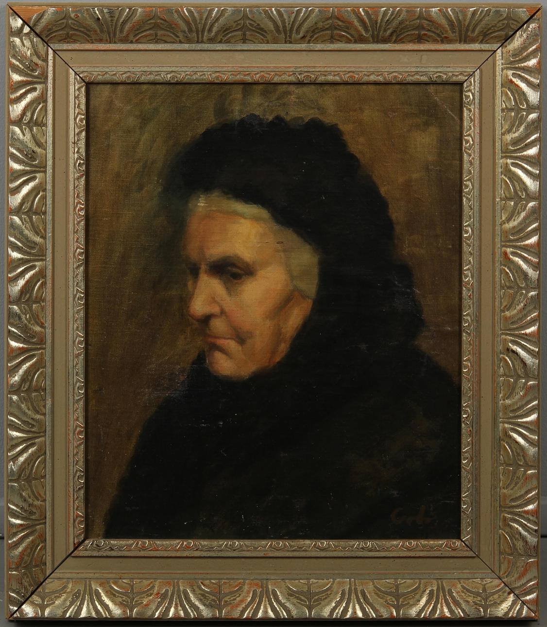 OKÄND KONSTNÄR. Porträtt av äldre dam, olja på duk, otydlig signatur.