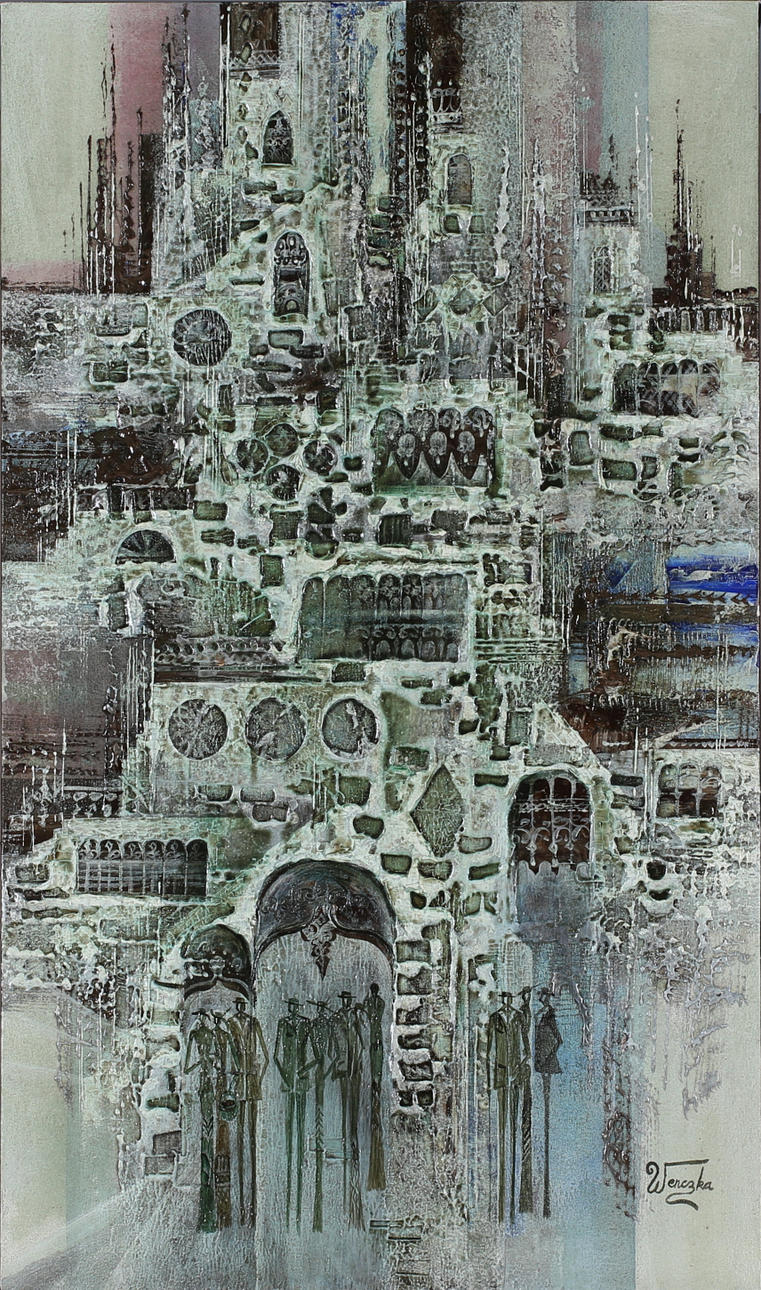 JAN CHRISTIAN WENCZKA. Composition with Church and figures, mixed media on canvas, signed.