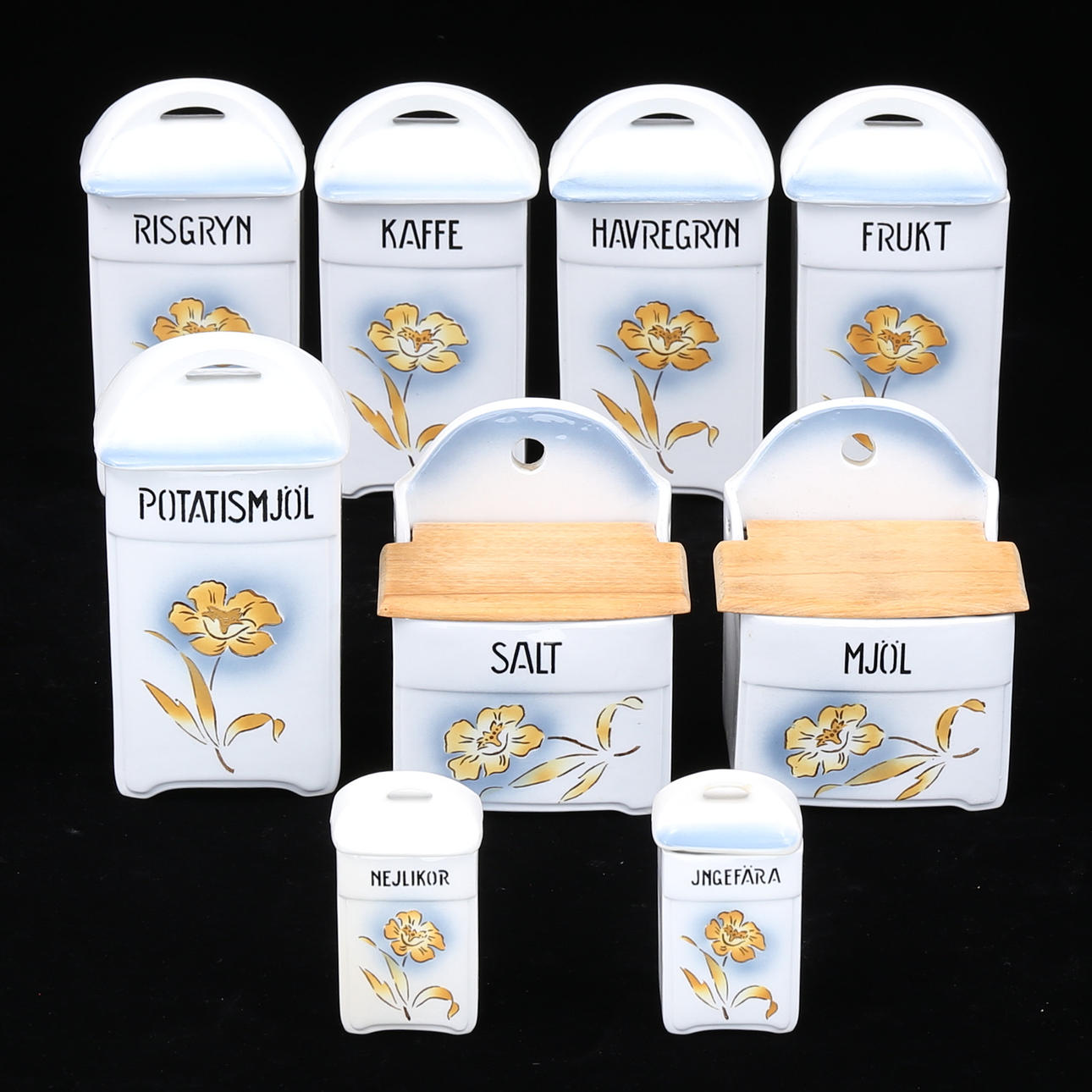 SPICE JARS, 9 pieces, porcelain, Czechoslovakia.