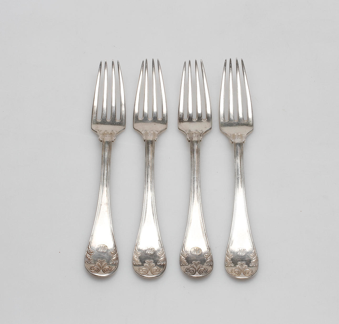 GAFFLAR, 4 st, "Gammal Fransk", Johan Mauritz Corth, Nyköping, 1840, vikt ca 277 gram.