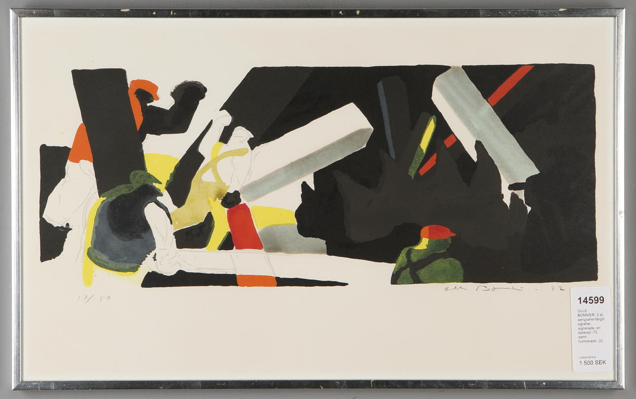OLLE BONNIER. 2 st, serigrafier/färglitografier, signerade, en daterad -72 samt numrerade.