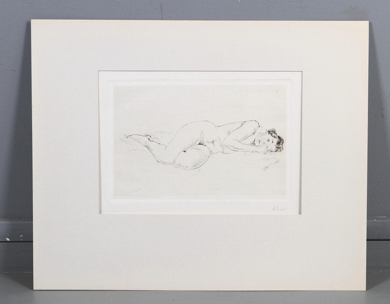 AXEL FRIDELL. "Liggande modell", torrnålsgravyr, signerad.