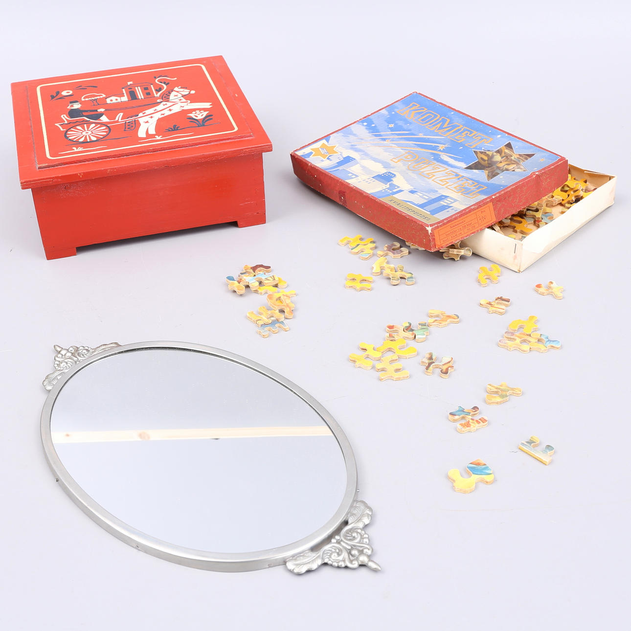 TRÆÆSKE, PUSLE, SPEJL, 3 dele, metal, træ.