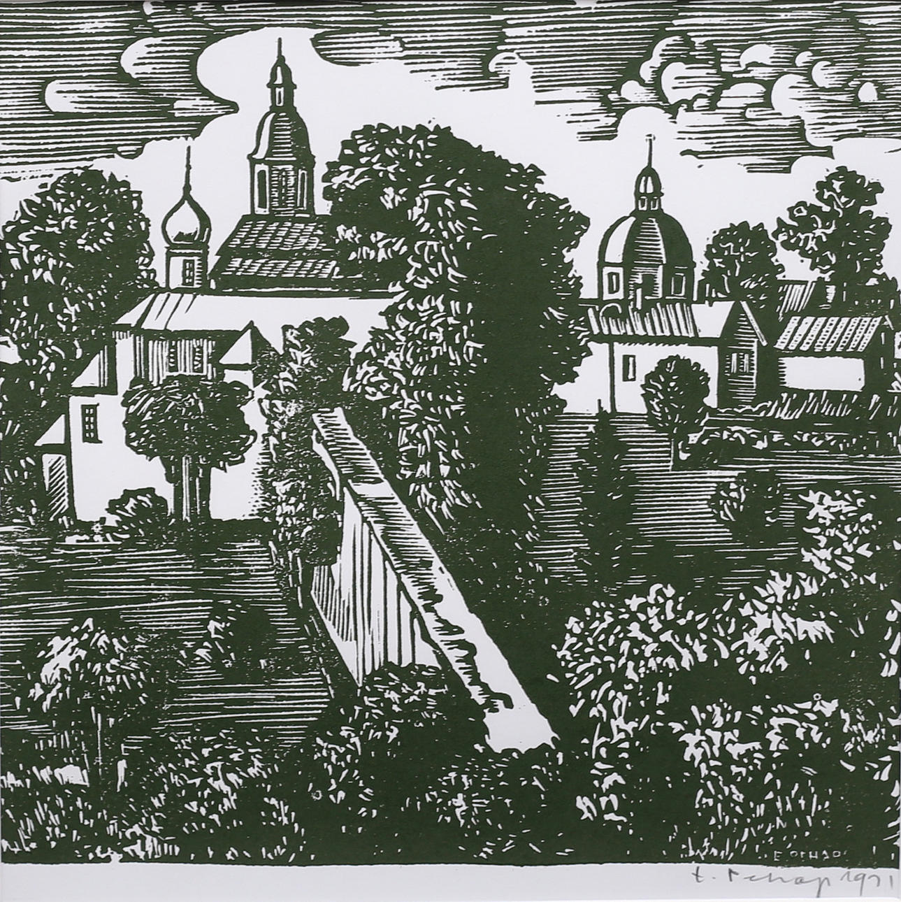 ERIC PEHAP (1912 - 1981). "Petseri klostri aed", linoleum cut, signed and dated -91.