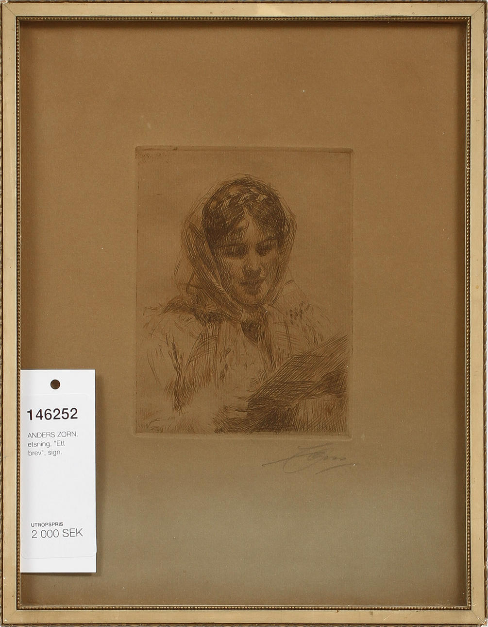 ANDERS ZORN. etsning, "Ett brev", sign.