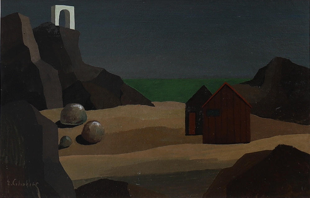 ERIC CEDERBERG. Surreal landscape, tempera on Board, signed.