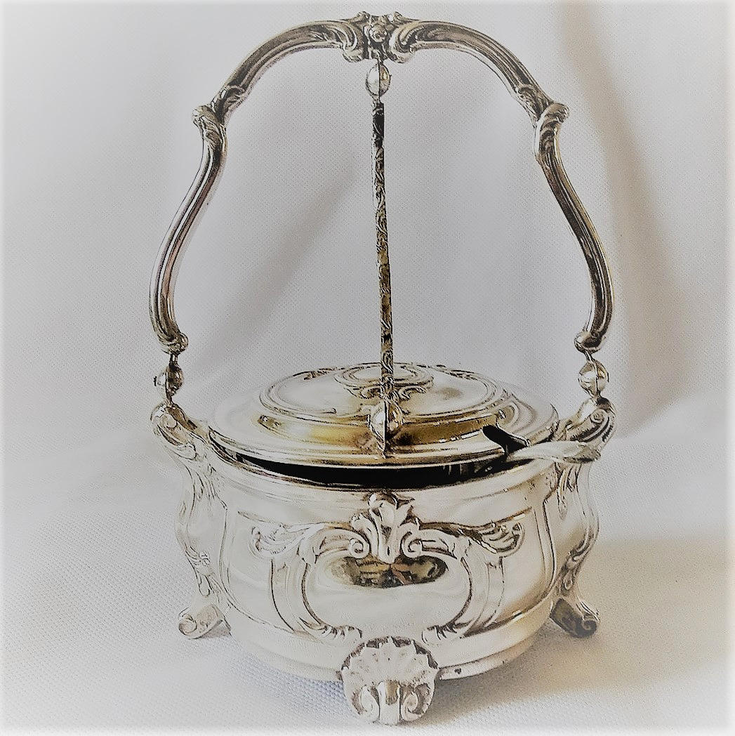 KAVIARDOSE, VERSILBERT MIT GLAS, 20. Jh.