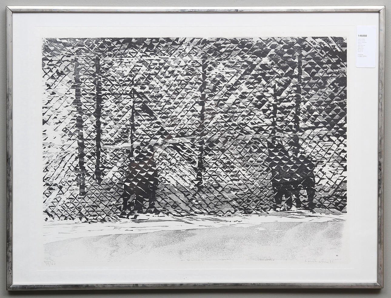 LARS LERIN. Svarta hundar bakom stängsel. Träsnitt. Signerad Lars Lerin och daterad 85. Numrerad 39/60.