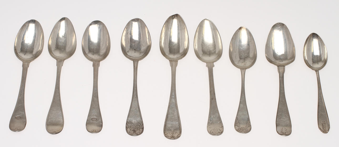 SKEDAR, 9 st, silver, bl.a Johan Wilhelm Zimmerman, mestadels 1700/1800-tal. Tot vikt 436g.