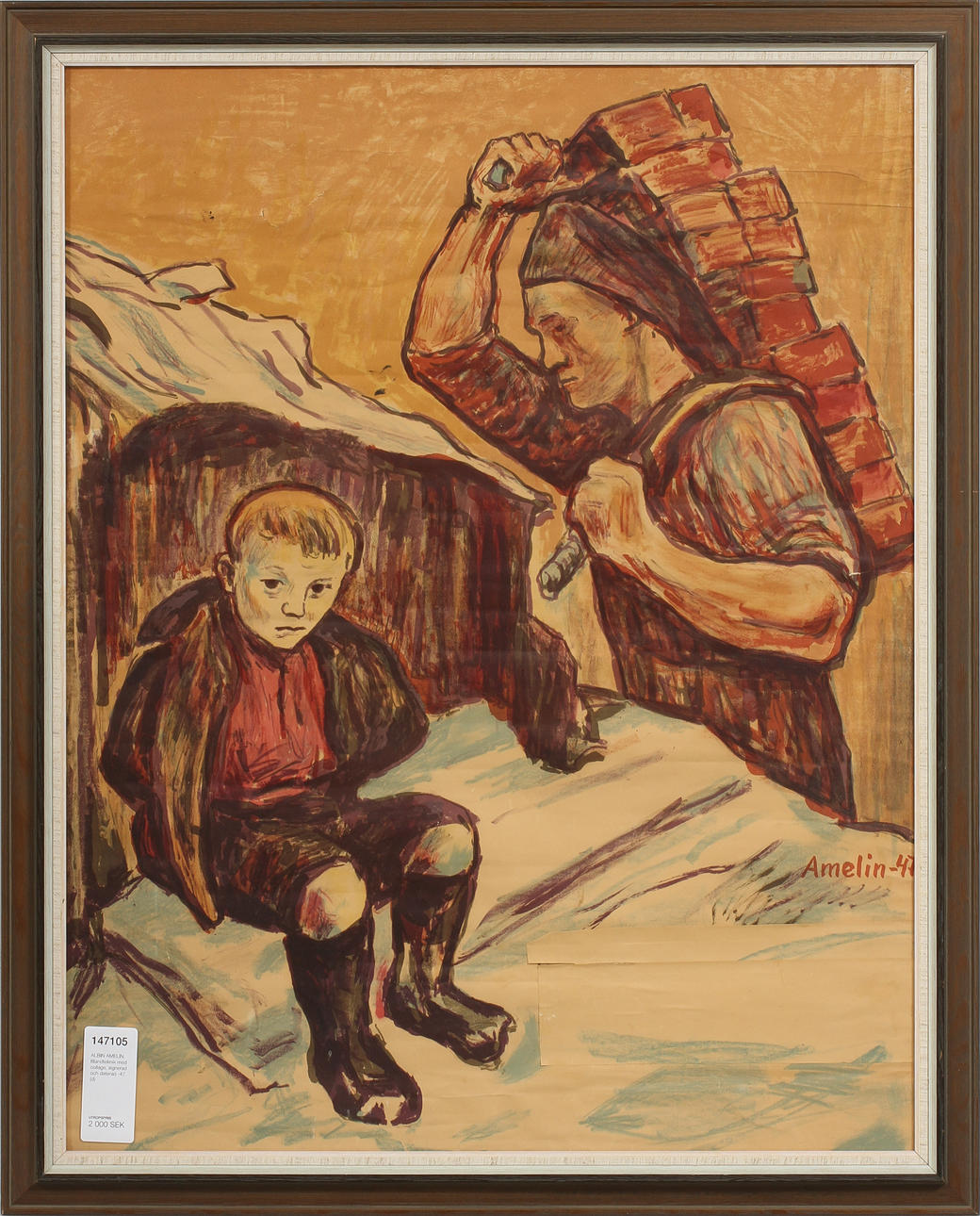 ALBIN AMELIN. Blandteknik med collage, signerad och daterad -47.