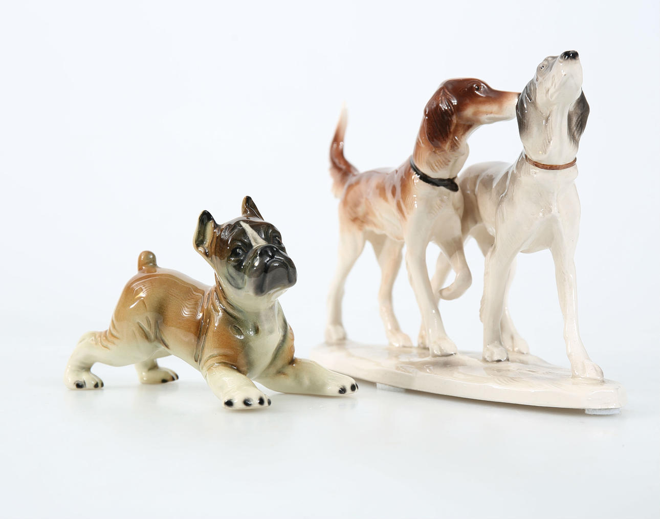 FIGURES, porcelain, Dogs, 2 pieces, marked.