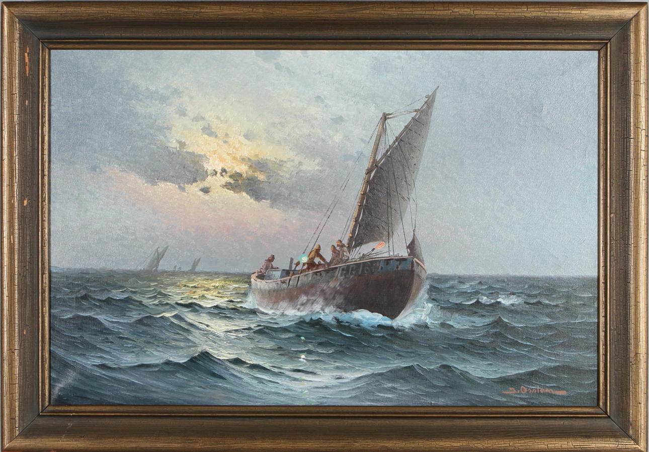JOHAN OSSIAN ANDERSSON. Fiskebåt på öppet hav, olja på duk, signerad.
