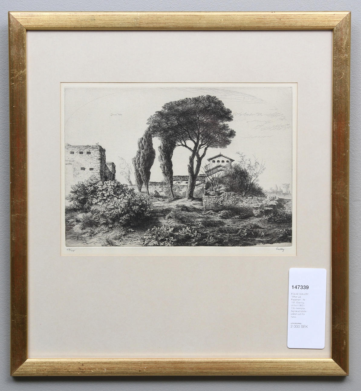 FOLKE GULLBY. "Afton på Palatinen". Nr 197. Etsning. Utförd 1963. Signerad både i plåten och för hand. Numrerad 24/125.