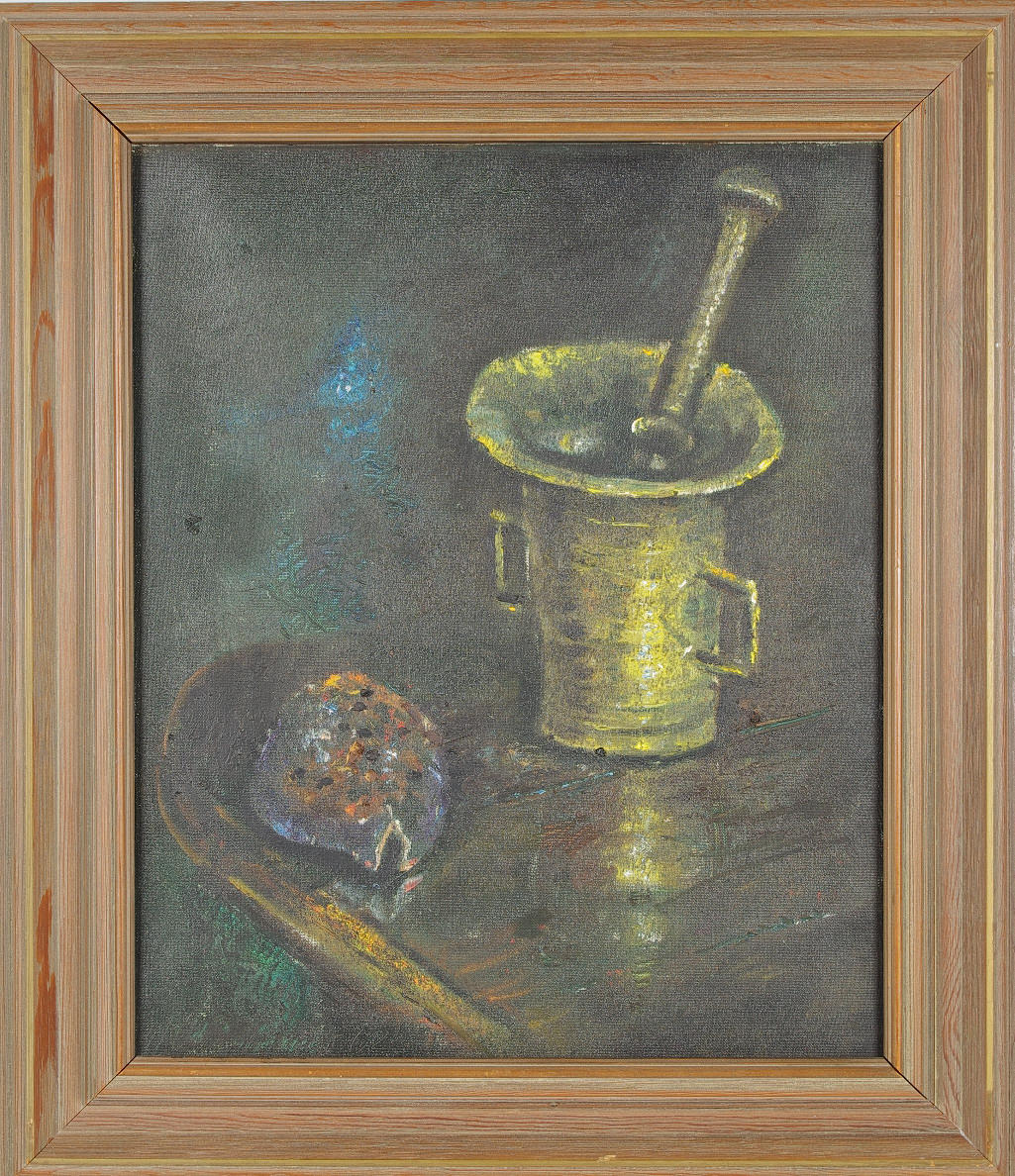 JONNY OPPENHEIMER. stilleben med mortel, olja på duk, signerad J. Oppenheimer 62.