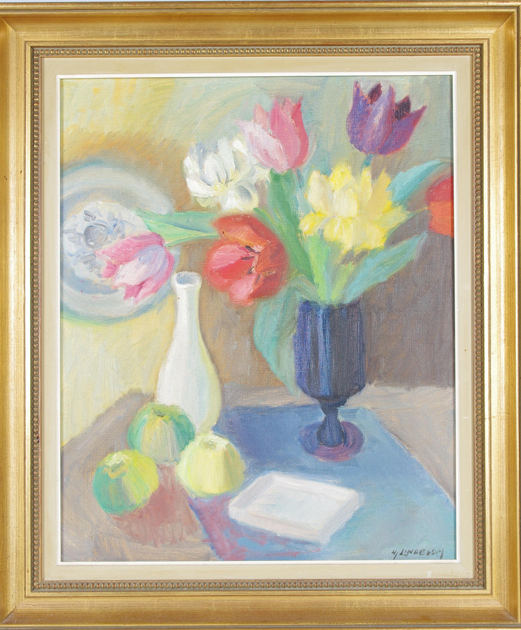 HJALMAR LINDEBOM. blomsterstilleben, olja på duk, signerad Hj. Lindebom.