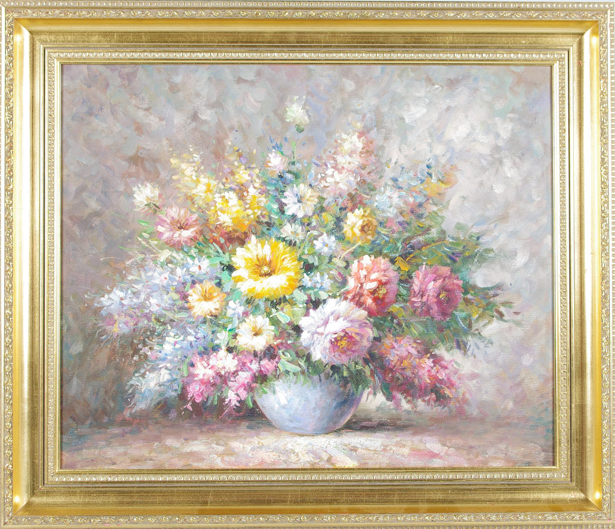 OKÄND KONSTNÄR. blomsterstilleben, bemålat tryck, osignerad.
