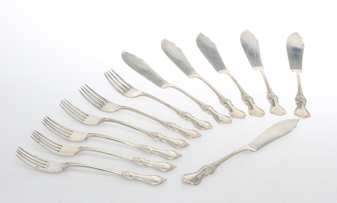 FISKBESTIK, 12 delar, silver, "Olga", J Schurmann, 1915.