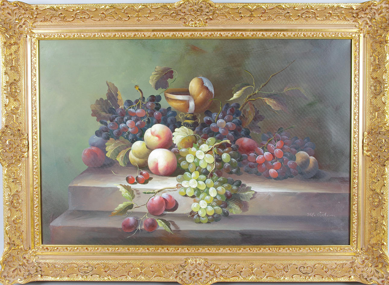 M. GIBSON. Blomsterstilleben, bemålat tryck, signerad M. Gibson.