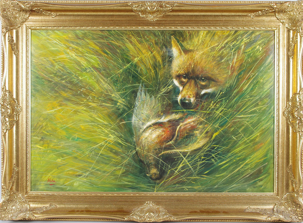 OKÄND KONSTNÄR. räv med byta, bemålat tryck, signerad Holm.