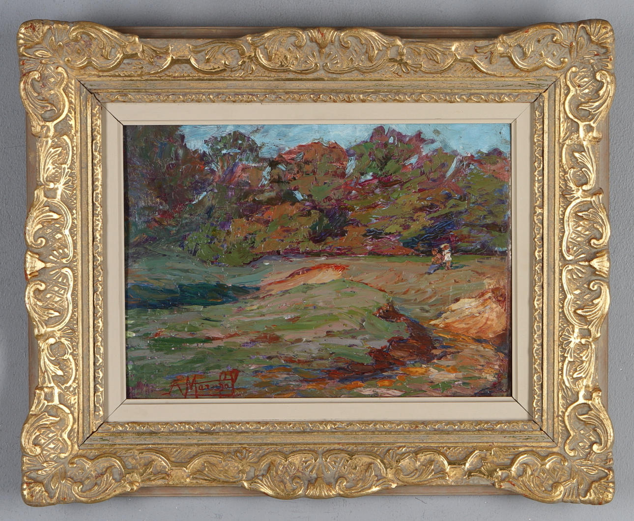 ACHILLE GASTON MARCHAL. Figurer i landskap, olja på pannå, signerad.