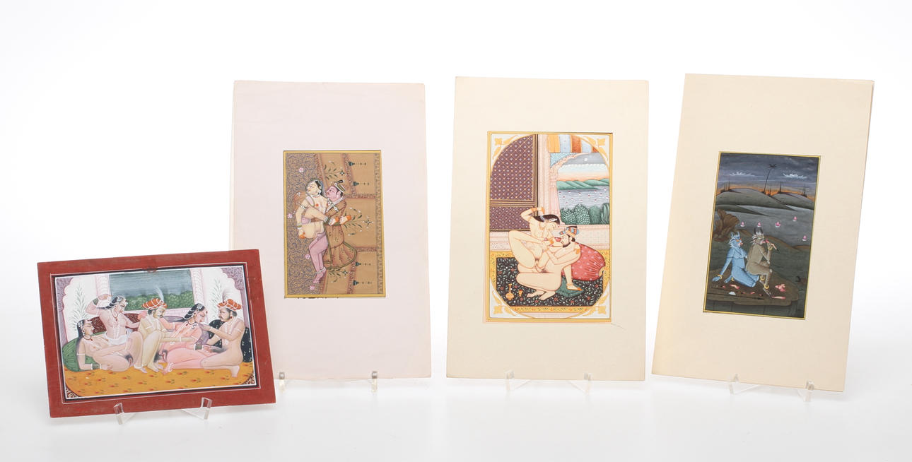 OKÄND KONSTNÄR. 4 st, erotiska motiv, blandteknik, Indien.