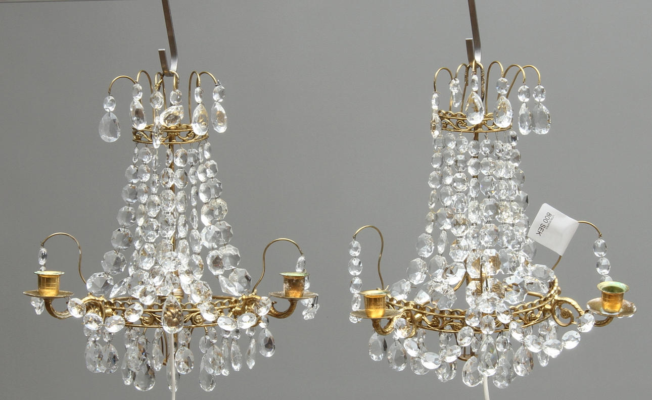 VÄGGLYSTRAR, för två ljus vardera, empirestil, 1900-tal.