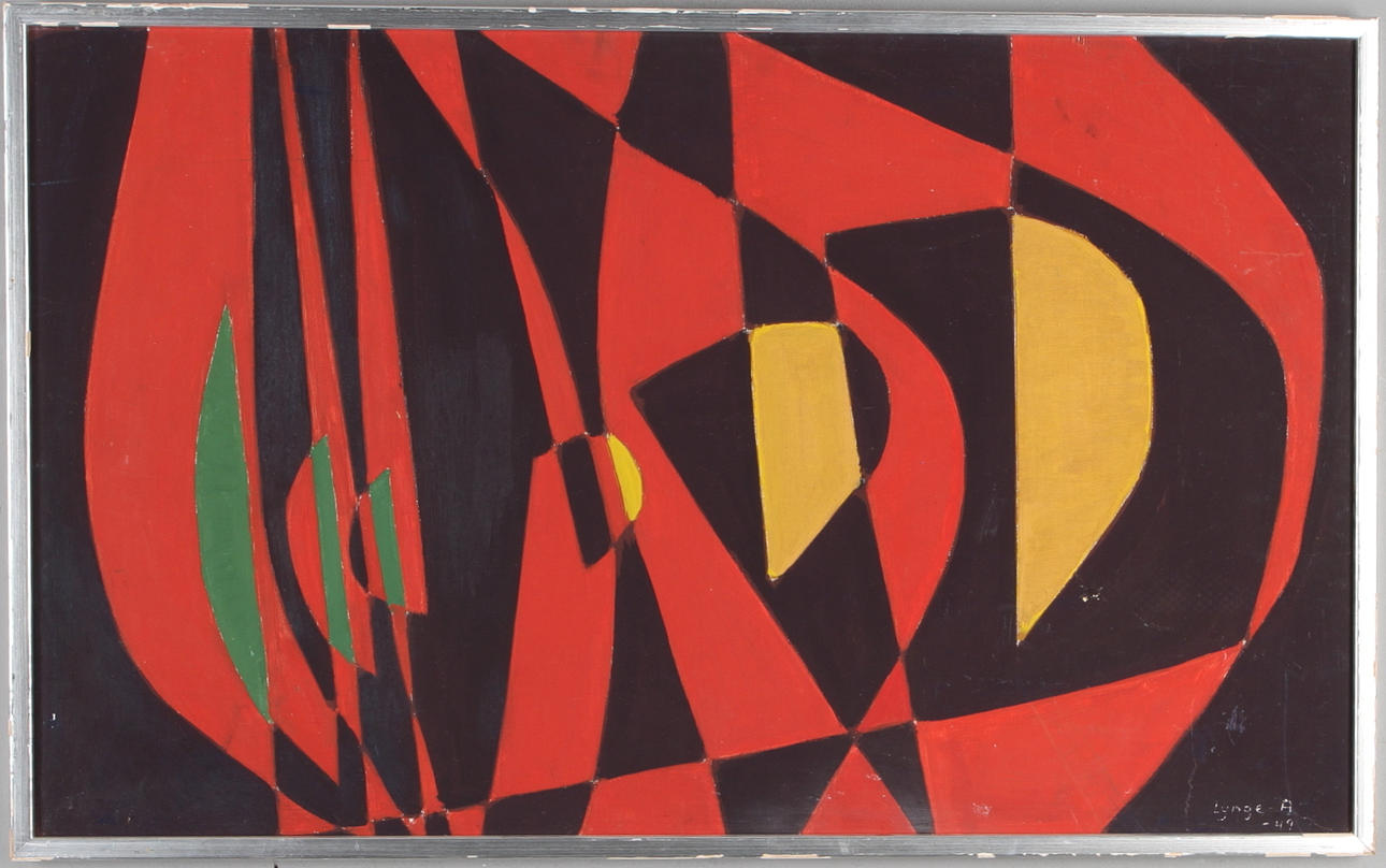 EINAR LYNGE-AHLBERG. Komposition, blandteknik på pannå, signerad samt daterad -49.