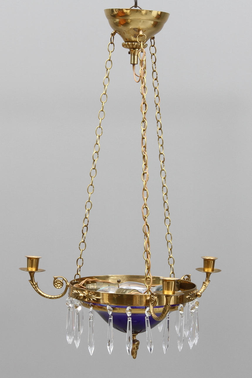 LJUSKRONA, 3 ljusarmar, blås skål, empirestil, 1900-tal.