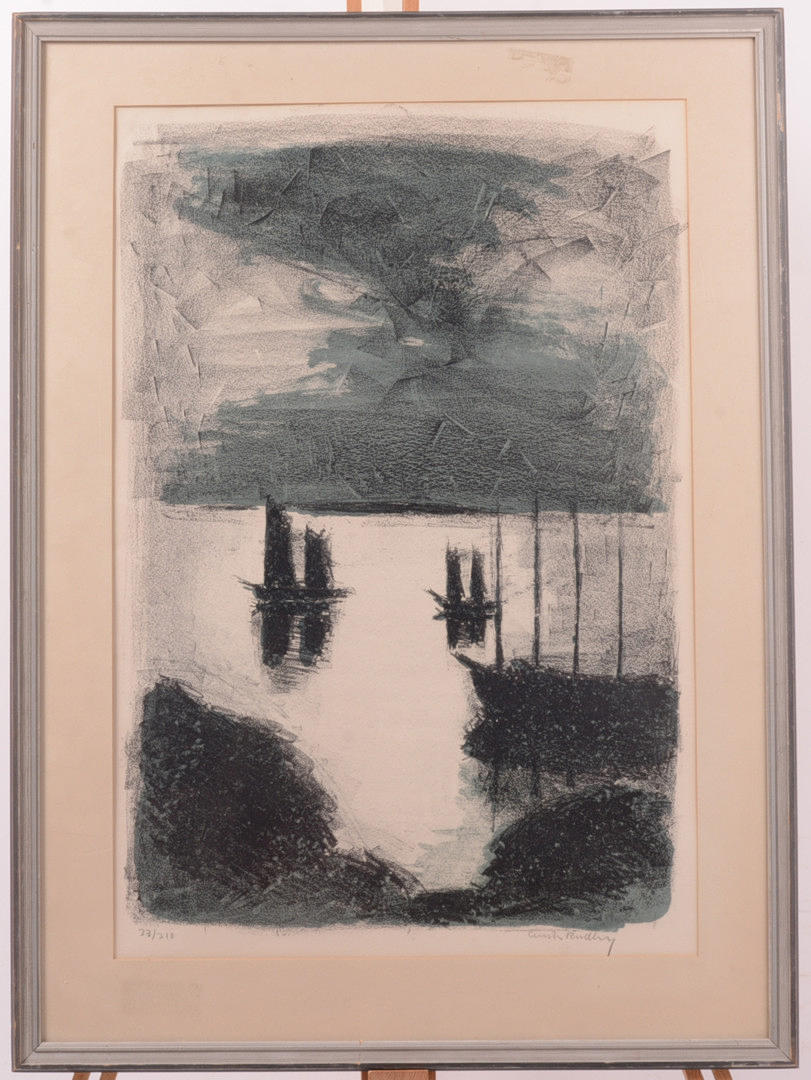 GUSTAV RUDBERG. Evening by the strait. Lithograph.