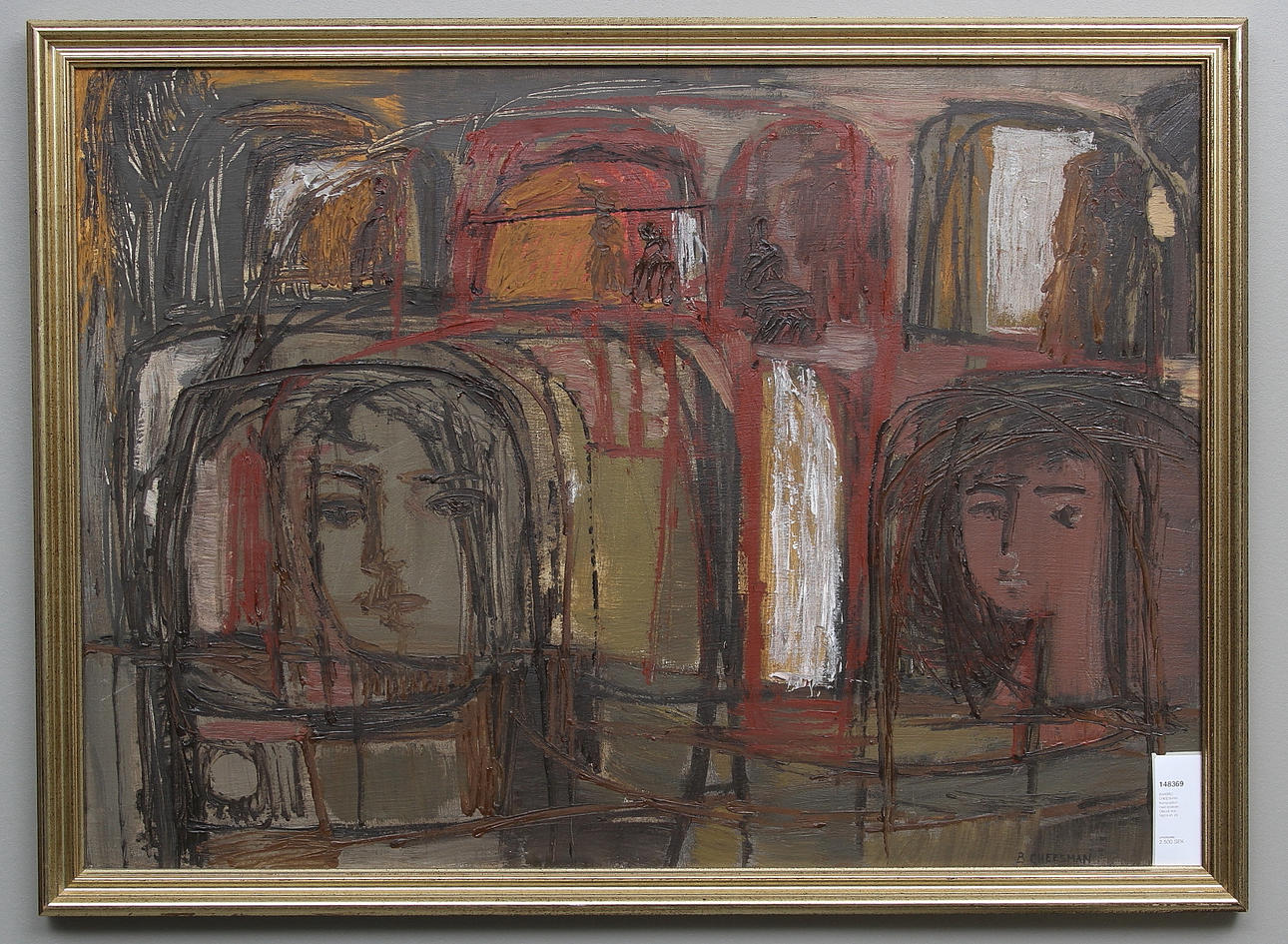 BARBRO CHEESMAN. Komposition med ansikten. Olja på duk. Signerad.