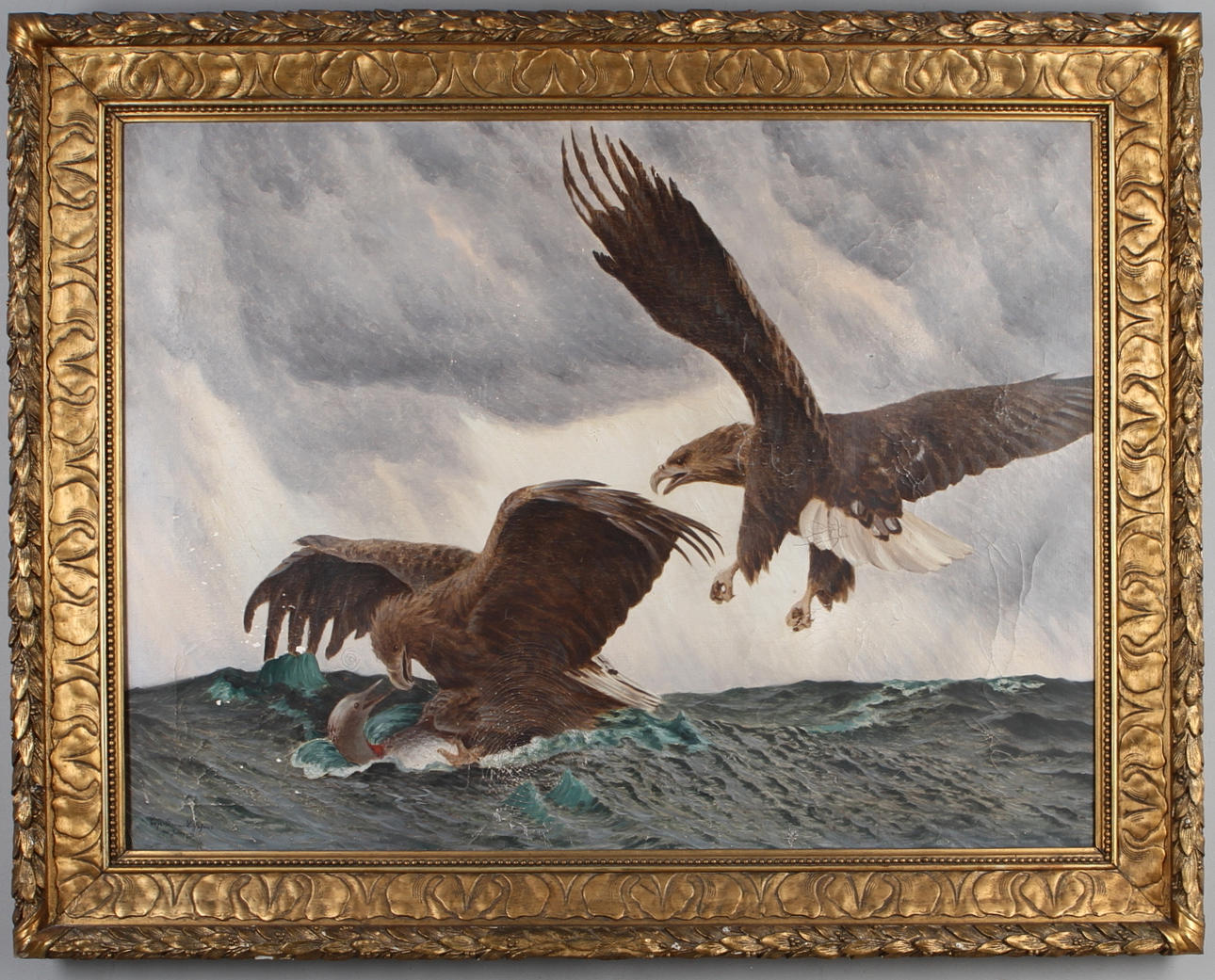 OKÄND KONSTNÄR. Kopia efter Bruno Liljefors, motiv av rovfåglar, olja på duk.