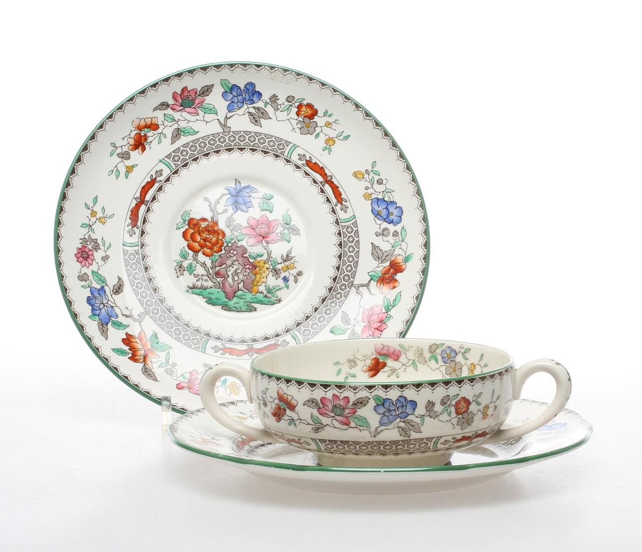 BULJONGKOPPAR med fat, 12 st, porslin, "Chines Rose" Spode, England.