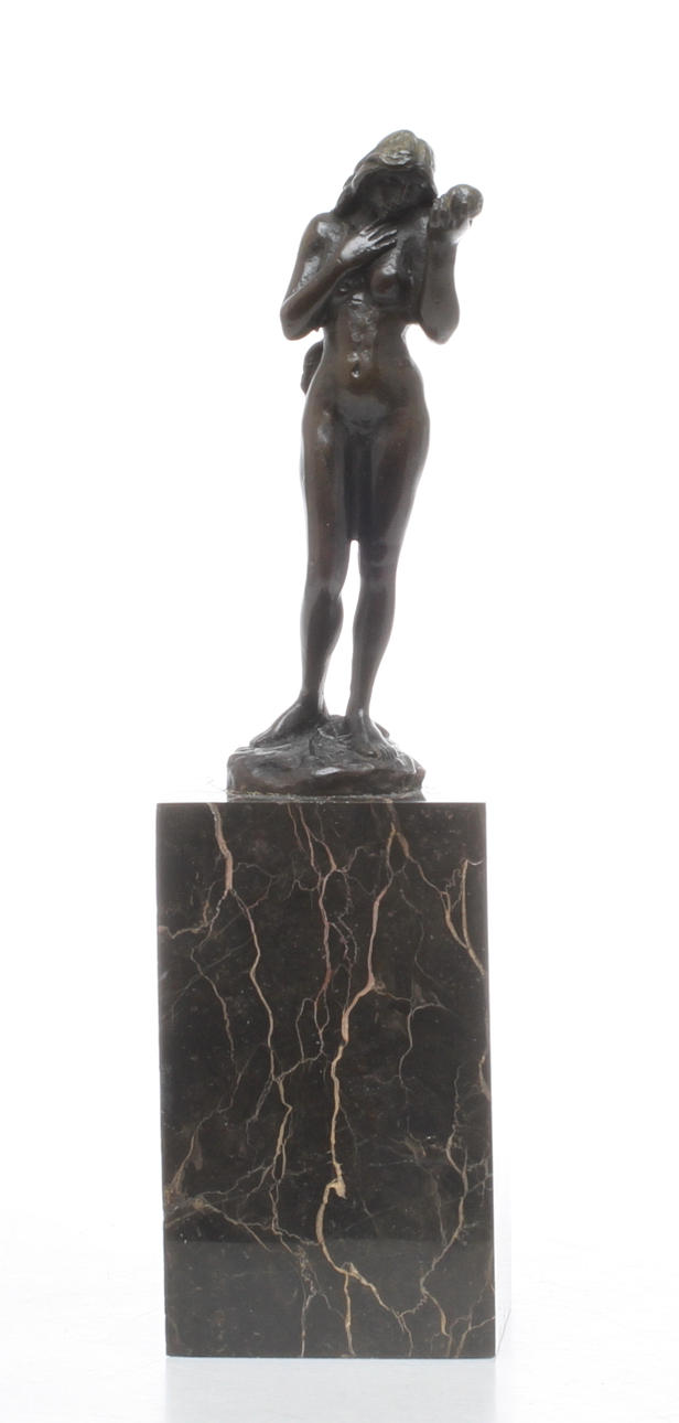 SKULPTUR, brons på stensockel, Eva med äpplet, efter Paul Roussel.