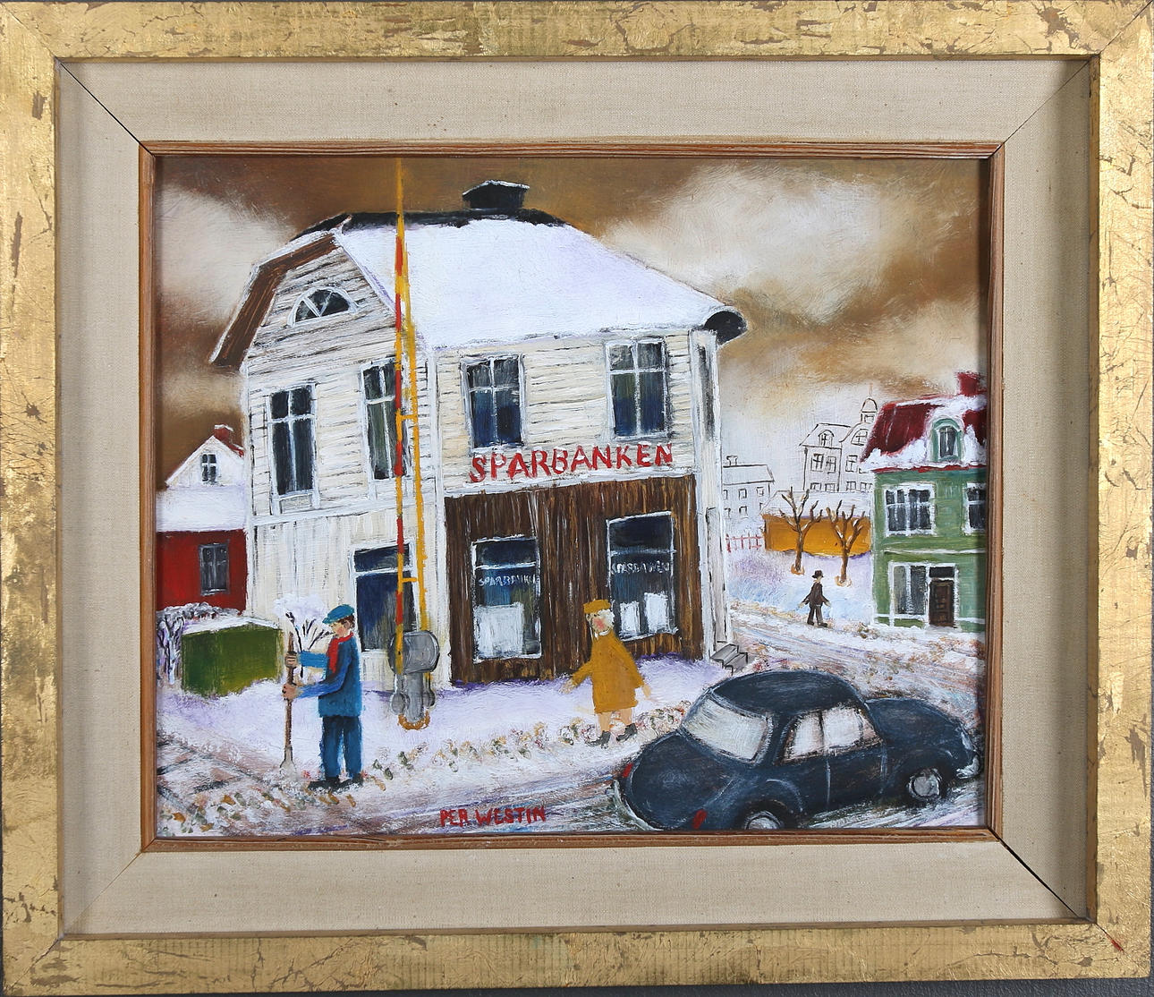 PER WESTIN. "Sparbanken i Kramfors", olja på pannå, signerad.