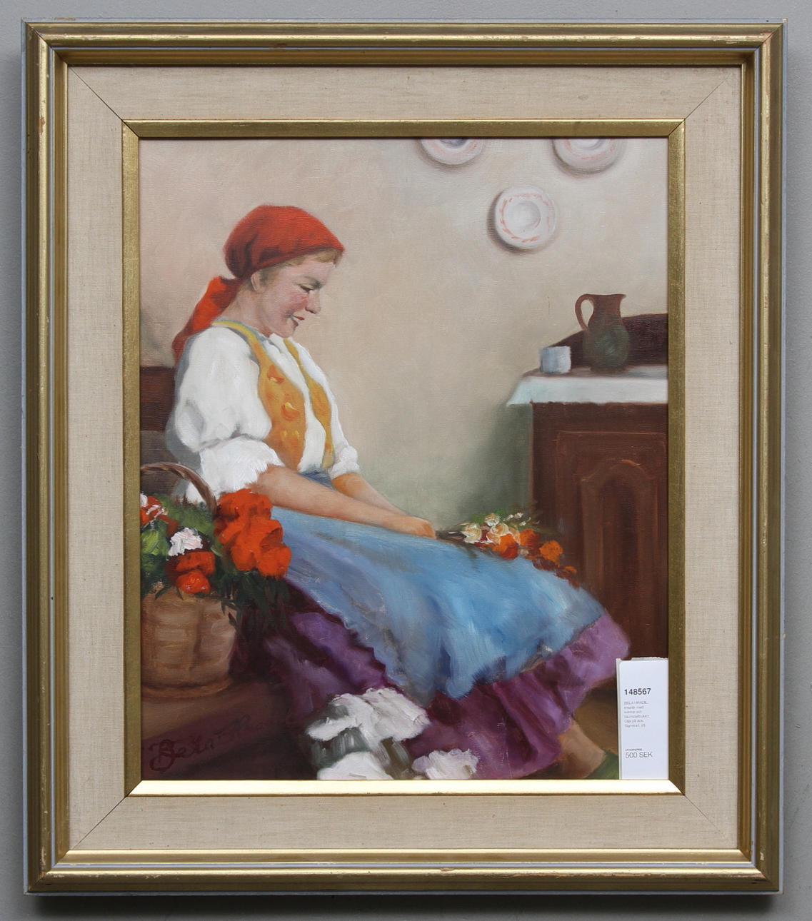 BÉLA HRADIL. Interiör med kvinna och blomsterbukett. Olja på duk. Signerad.