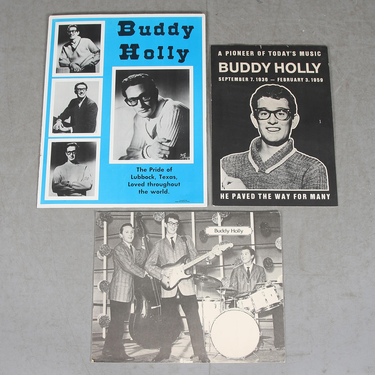POSTERS, 3 pcs, Buddy Holly, mounted on cardboard, 1950s.