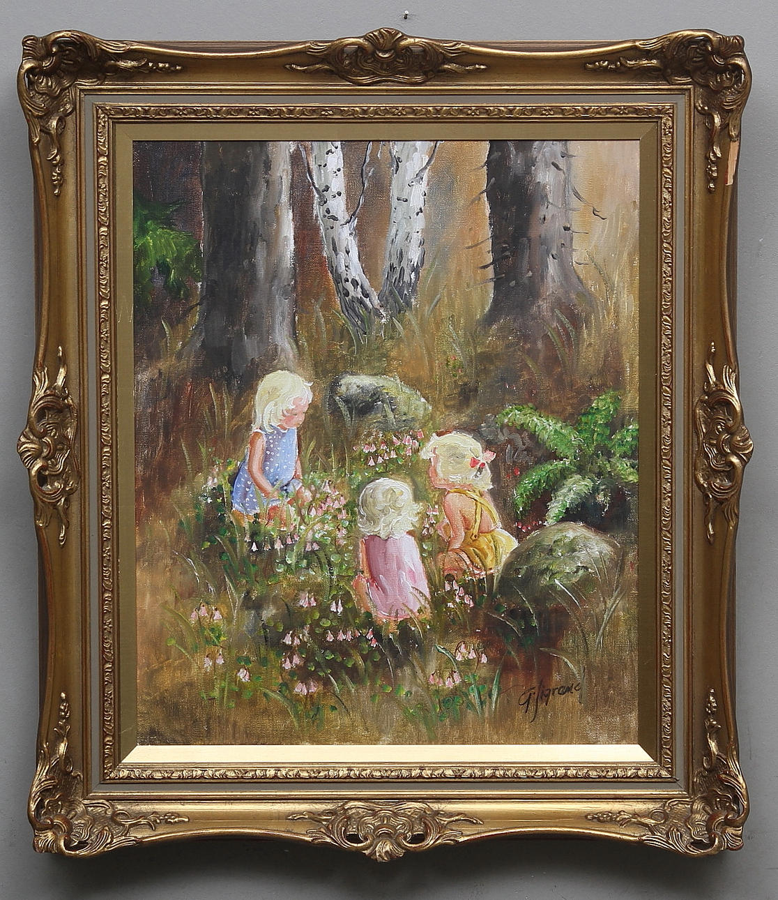 GUNVOR SIGRAND. Barn plockar sommarblommor. Olja på duk. Signerad G.Sigrand.