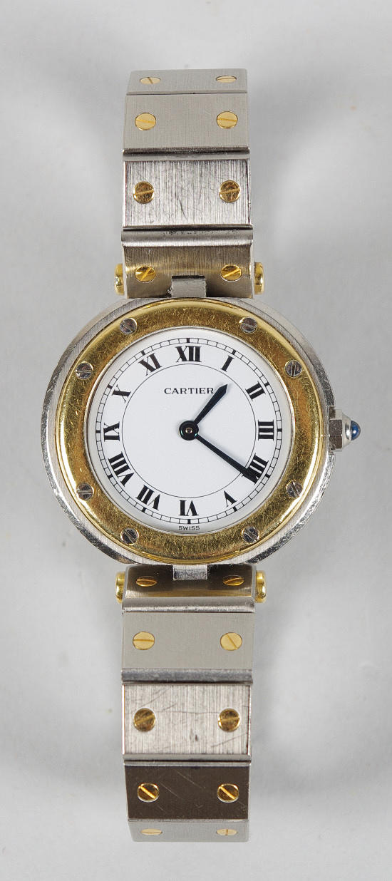 DAMARMBANDSUR, Santos de Cartier, quarts, guld, stål samt safirglas.