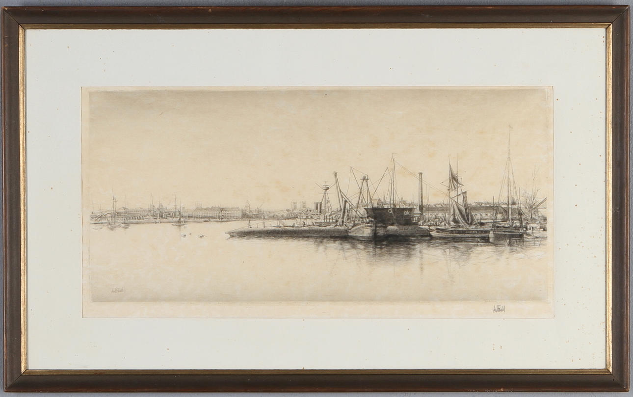 AXEL FRIDELL. Hamn med ubåt, estning, signerad.