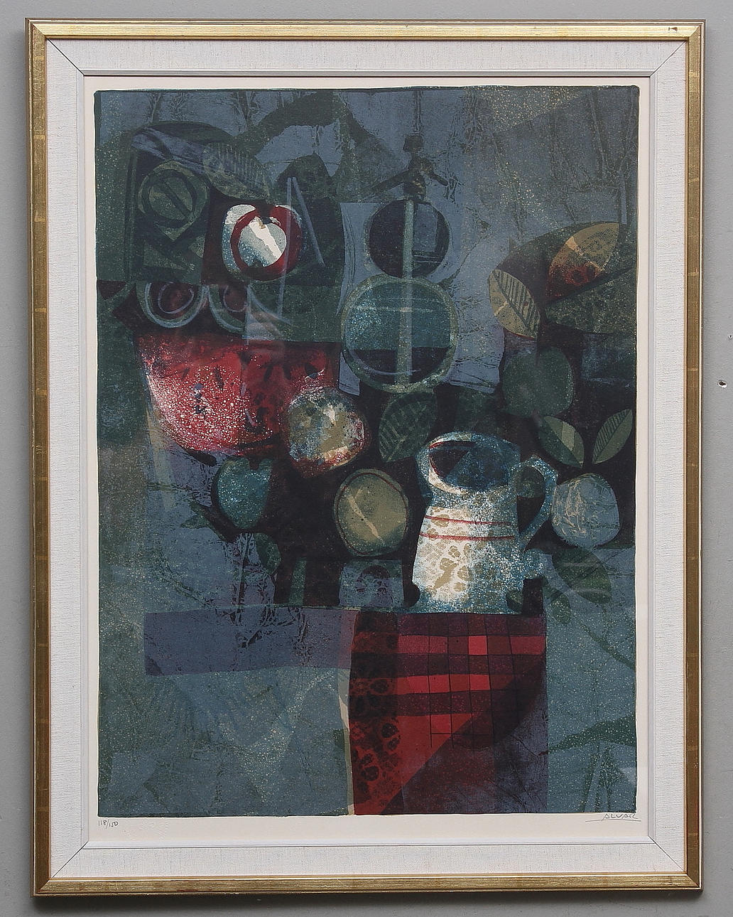 SUNOL MUNOS RAMOZ ALVAR. Komposition i gröna och röda färger. Färglitografi. Signerad Alvar och daterad 118/150.