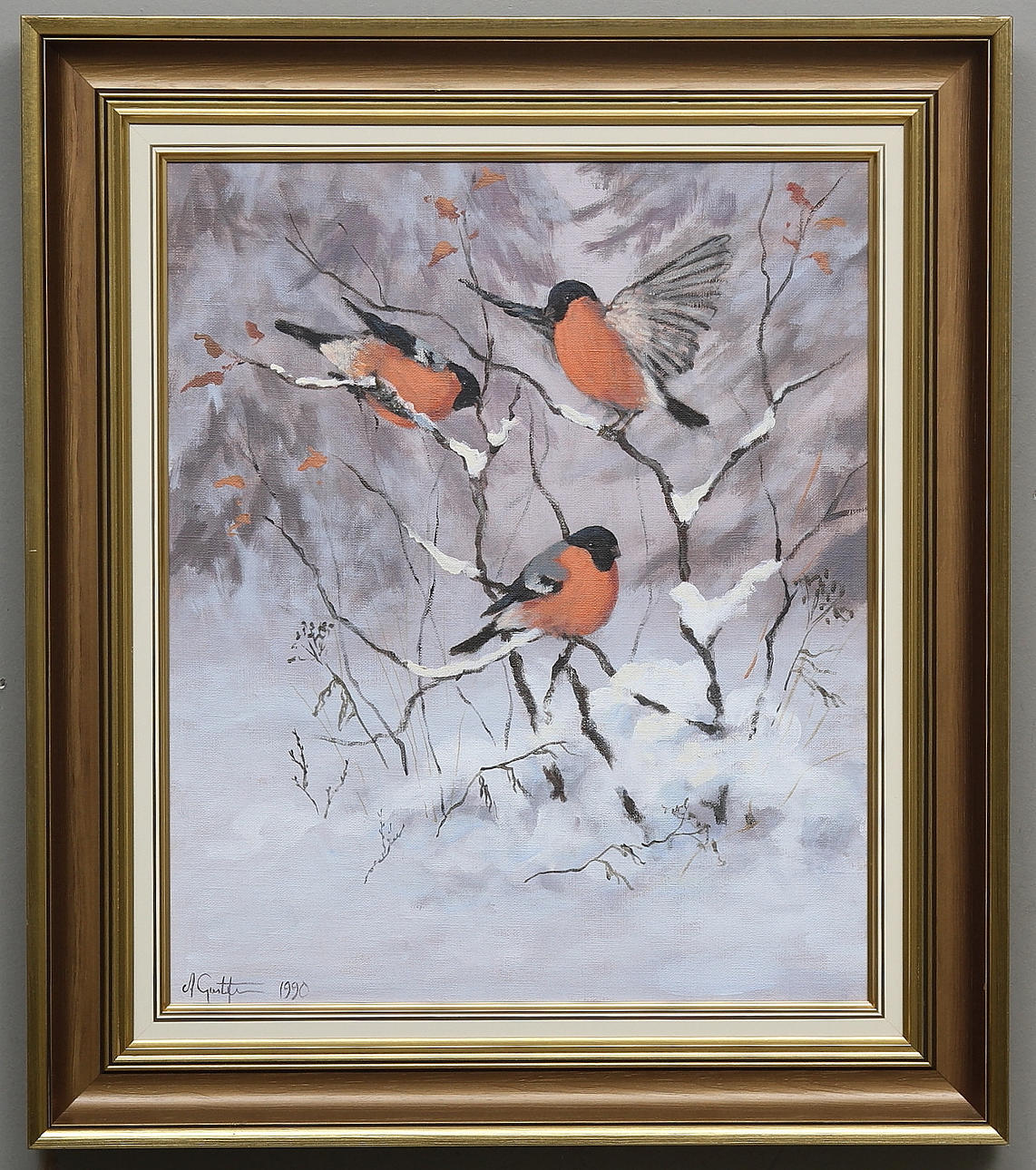 ANDERS GUSTAFSSON. Vinterbild med domherrar. Olja på duk. Signerad A.Gustafsson och daterad 1990.