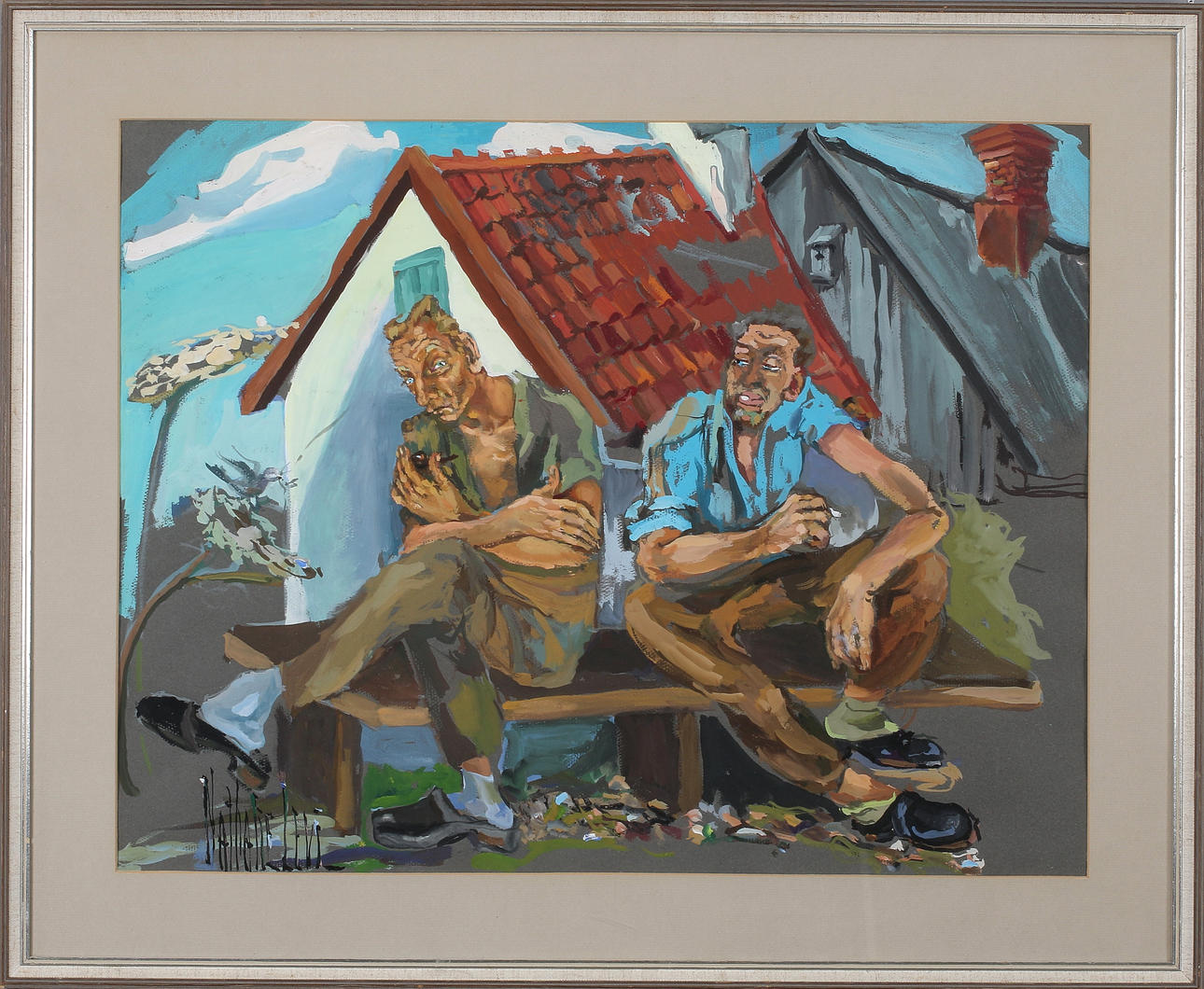 NATHALIE LEVI. On the liar's bench, gouache, signed.