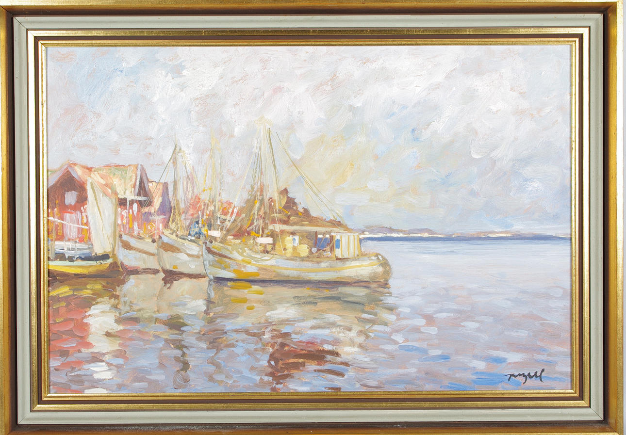 OKÄND KONSTNÄR. fiskebåtar, olja på pannå, otydligt signerad.